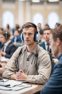 A simultaneous translator of Slavic appearance is sitting at a table with headphones with a microphone at a briefing, in a large hall, there are a lot of people around, the background is blurred, everything is in pastel light colors