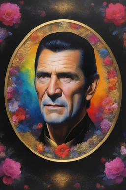 Count Dracula's face inside a small gold circle, Leonard Nimoy/Henry Cavill, multicolored, large, Floral/rainbow designs, atmospheric, beautiful, bright, vibrant colors, pitch-black background, oil painting by Boris Vallejo, 4k UHD, Photorealistic, professional quality