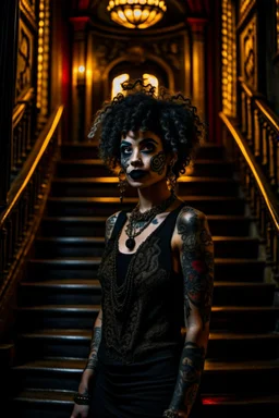 scarred cyberpunk vampire girl with tribal tattoos short curly dark cyberpunk hair descending the staircase in decaying dark mansion on fire