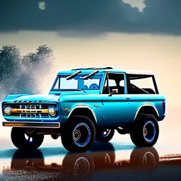 redshift style, photorealistic shot, Ford Bronco, cool color palette, vivid, sharp focus, puddle reflection, refraction, mist on the horizon, overcast, detailed and intricate, intense cinematic composition