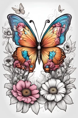 Sketch a butterfly gracefully landing on a vibrant, blooming flowers. in the coloring book style