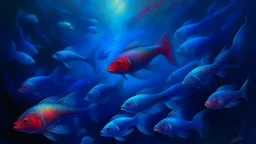 A surreal and enigmatic scene featuring a group of iridescent, otherworldly fish with luminous bodies that pulsate with light. The fish are suspended in a misty, ethereal atmosphere, painted in a captivating color scheme of navy blue, cherry red, and soft cream. The background is filled with dark shadows and fog, creating an eerie and mysterious ambiance. The painting showcases a neo-expressionist style, with bold brushstrokes and vibrant colors, evoking a sense of wonder and curiosity.