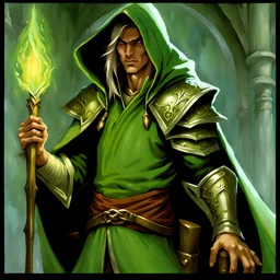 male hooded light sage elf male 90's tcg art fantasy