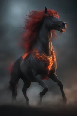 full body, head to toe, 3D, the anthropomorphic black Chinese Indian werewolf Horse with Long wavy, curly (((red hair))) breathing fire, resembles Elvis Presley - full color - 32k, UHD, 1080p, 8 x 10, glossy professional quality digital photograph - dark foggy gradated background, historic, powerful, octane rendering, exquisite detail, 30 - megapixel, 4k, 85 - mm - lens, sharp - focus, intricately - ((skin details, high detailed skin texture