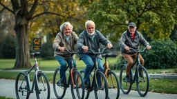 Elderly pensioners on unicycles. Photographic quality and detail, award-winning image, beautiful composition.