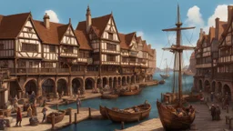 gothic medieval wooden harbour with piers and ships, people, shops, bridges, arches, balconies, taverns, blue sky