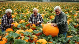 Elderly pensioners harvesting pumpkins from the field. There are acres of pumpkin plants with lots of ripe pumpkins. Some of the pumpkins are enormous. Everyone is happy. Photographic quality and detail, award-winning image, beautiful composition.