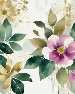 Floral illustration merges with vintage text, abstract art, wabi-sabi philosophy embracing imperfection, classic textured backdrop with purposeful scratches, distressed elements, chic elegance in a palette dominated by white, enriched with gold accents and subtle green and magenta details, golden outlines flower in background conveying a sense of luxury, executed with watercolor softness, neutral elegance, soft textures, digital painting, ultra fine, masterpiece.