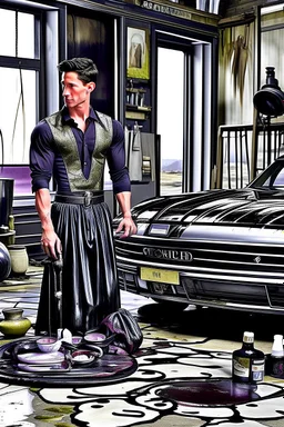 "prompt": "A dark, moody, surreal scene of a rugged auto mechanic at a decadent high tea. Instead of workwear, he now wears a flowing, high-fashion silk gown — glossy black with crimson undertones, draped dramatically yet smeared with streaks of oil and dust. BALL gown clings to his BUFF muscular frame while long folds cascade onto the cracked marble floor. He sits at a grand, candlelit tea table covered in black velvet, where tarnished silver trays hold eerie pastries, shattered porcelain cups