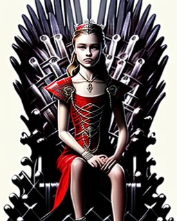 A young vampire girl sitting on a great iron throne,blood