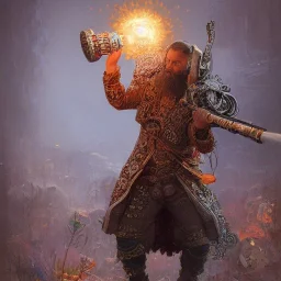 Insanely detailed photograph of an “ warrior mariachi holding glowing D20” with intricate detailed beard, intricate clothing, hyperdetailed painting by Ismail Inceoglu Huang Guangjian and Dan Witz CGSociety ZBrush Central fantasy art album cover art,8K, hdr, mysterious, flickeringlights ,Stoic