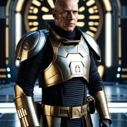 star wars bald male corellian pilot wearing pearlescent black and gunmetal grey First Order special forces heavy assault armor and helmet with gold trim inside the jedi temple, centered portrait, hyperdetailed, dynamic lighting, hyperdetailed background, 8k resolution, volumetric lighting, light skin, fully symmetric details