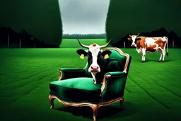 A cow sitting on an armchair in large dark green field , soft colors. Photorealistic