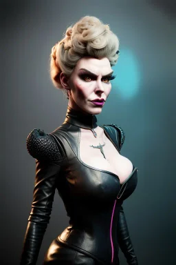 Hannah Waddingham as evil queen in black leather, busty, cleavage, voluptous, rebecca Welton, angry, stern look. character design by cory loftis, fenghua zhong, ryohei hase, ismail inceoglu and ruan jia. unreal engine 5, artistic lighting, highly detailed, photorealistic, fantasy