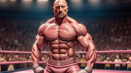 Highly detailed wide shot of Dwayne Johnson posing in a boxing ring, realistic, muscles, buff, flexing, pink dress, eyebrows, large crowd