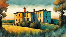 create a wildly abstract illustration of a highly detailed fortified Italian farmhouse surrounded by Lombardy poplar trees, in the hills of Tuscany at sunset, in the comic book art style of Bill Sienkiewicz, and Jean Giraud Moebius, finely textured, drawn, colored, and inked