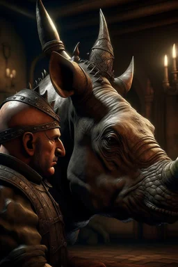 A human with a rhino's head and crown. dramatic lighting, matte painting, highly detailed, cgsociety, hyperrealistic, --no dof, --ar 2:1