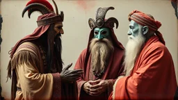 The conversation between the shaman, the shepherd and the guru,augmented reality, pantomim, masks, eerieland, abstract surrealism, glitter, calotype combineted transparent burgundy and pastel mint color, tintype , performance art