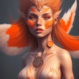 A beautiful portrait of a cute woman orange color scheme, high key lighting, volumetric light high details with white stripes and feathers and celtic paterns, pointed ears, vampire teeth