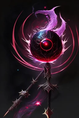 A sorceress evil staff that is a mix colors of red and black crystals and sharp edges, with black aura swirling around it, a black universe color orb ontop of the staff
