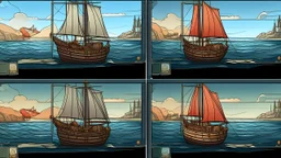 My apologies, I missed that detail about the specific controls. Here's an updated prompt for the AI image generator chatbox: **Game UI: Boat Sailing** * **Layout:** Split screen (top 3/4: game world, bottom 1/4: controls) * **Game World:** Stylized sailboat (single mast, billowing sail), ocean environment (waves, horizon), optional obstacles. Subtle wind direction indicator. * **Controls:** * Rudder Crank Wheel (large wooden wheel) * Two ropes on sail (Mainbrace): Left rope pulls (incr