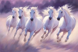 Oil on canvas portrait of seven majestic white horses galloping in a vast, open landscape. They go at full speed, their manes blowing in the breeze. The soft gradient background of pastel pinks and purples creates a serene and dreamy atmosphere. Clear summer weather. The overall effect is one of movement and freedom, capturing the boundless spirit of horses.