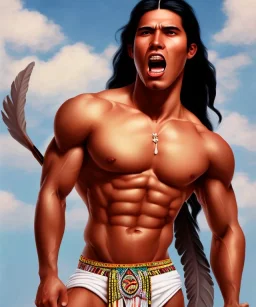 native american warrior, long black hair, big muscles, looking up, mouth open shouting, shirtless