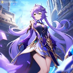 Clear focus,High resolution,Beatiful Lighting, purple long fluffy hair, long fluffy bangs, green eyes, custom genshin oc, must be wearing a short skirt, genshin impact name card, color pallete purple (XII)-cyber grape-rose vale