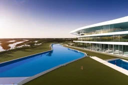 Sunset algarve in quinta do lago, one straight line building of 250 meters long pool on the rooftop modern luxury architecture with pool on rooftop, with green roofs and sun loungers next to pool, overlooking a tennis and padel sport facility and inserted in the Ria Formosa Natural park, on a slope with pinus pinea, a wrap around low speed veicular road, aerial view