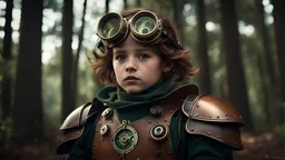 High-end state-of-the-art STEAMPUNK aesthetics flawless, Lonely child with strong determined attitude, forest background, close-up shot, realistic, hard light chiaroscuro, realistic,Highest quality telescopic Zeiss Zoom lens, supreme cinematic-quality photography,walnut wood green armour rugged, Art Nouveau-visuals,Vintage style Octane Render 3D technology,hyperrealism photography,(UHD) high-quality cinematic character render,Insanely detailed close-ups capturing beautiful complexity,8k