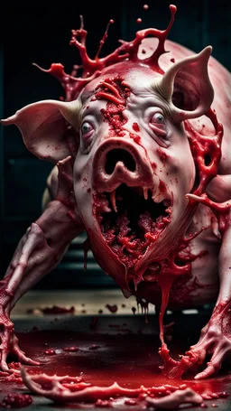 cinematic gore Bosch vs Dali style photo of a mangled embryonic cybernetic carnivore pig wrestling itself in a sinewy oozing flesh vortex, puzzled back together, glued, anatomically fragmented, ripped apart again being flayed, skinned alive beating heart, muscles, blood vessels, bowels, entrails, capillaries, brain, oozing puss, spinal are exposed. Visceral anatomy. physiology. Its face and body opens with a zipper. Bosch and Dali inspired hallucinations. recursive droste effect grotesque