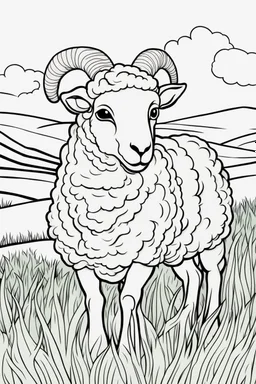 coloring page, sheep in a grassy meadow, cartoon style, thick lines, low detail, no shading