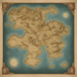 a parchment map of a huge fantasy world. continents, forrests, hills, mountains, lakes, oceans, island, rivers. style of Forgotten Realms. No text, no ornaments
