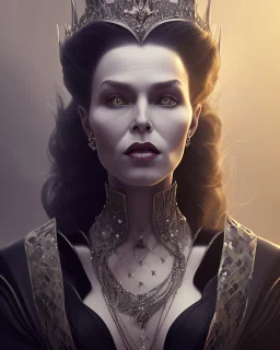 old evil queen in black leather gown, volouptous, busty, cleavage, angry, emperious, 8k resolution concept art portrait by Greg Rutkowski,