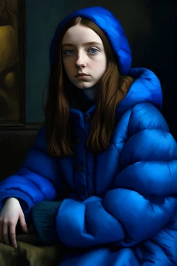 jeune Femme grunge, en doudoune bleue, dans le style de Vermeer