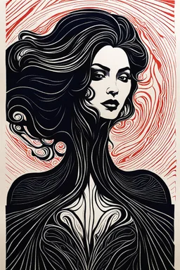 create an abstract woodcut of an ethereal, otherworldly seductive ancient female Lasombra vampire , in the style of Gabriela Jolowicz