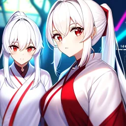 Clear focus, 8k, beautiful lighting, vibrant colors, girl, white hair, long hair, vibrant red eyes, ponytail, same twins, white hair, red eyes, same clothes, miko,