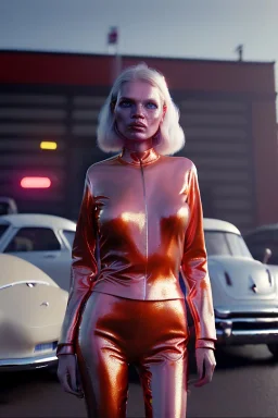 Ultra Realistic retro sci-fi, Supermarket parking scene, 1960 year, blonde woman, sweet young Kate moss face, x ray lights eyes, face makeup, tight latex coat, levitating cars, many panic people, Retro sci-fi style, soft color, highly detailed, unreal engine 5, ray tracing, RTX, lumen lighting, ultra detail, volumetric lighting, 3d, finely drawn, high definition, high resolution.