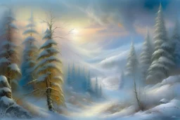 realistic winter landscape with elements of fractal painting, mighty firs, pines, everything is harmonious and beautiful, frost glitters in the air, super detail, clear quality, winter transparency of icy air, high resolution, microdetalization, Josephine Wall. Thomas Kinkade.