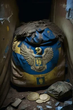 in a LARGE BASEMENT, half-buried in the earth, an ancient, worn-out, worn-out, torn-side valise peeks out, from which gold coins from the time of Catherine the Great fall out. The ancient coat of arms of Russia, the double-headed eagle, is BARELY VISIBLE on the bag. There are a lot of broken bricks and earth around the bag. All in high quality 8K