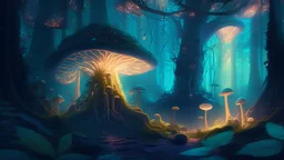 A mystical forest with towering trees, glowing mushrooms, and a sense of wonder and enchantment