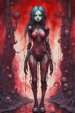 cyberpunk full body, huge girl and petit girl in blood, guts, , iridescent, wildflower, cosmic, futuristic intricate, behind made background liquid, watercolor illustration by <John Kenn Mortensen>, darkred tones,