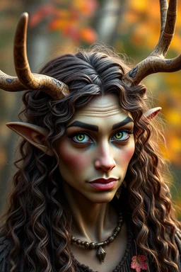 A fantasy druid with antlers, olive toned skin, long brown curly hair, green eyes, Quirky face, Autumn Colors