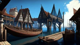 gothic medieval wooden harbour with piers and ships, people, shops, bridges, arches, balconies, taverns, blue sky, photorealistic