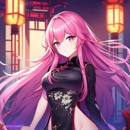 girl, masterpiece, best quality, volumetric lighting, detailed outfit, perfect eyes, pink hair, long hair, vibrant purple eyes, black stockings, chinese clothes,