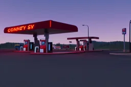  highway gas station ,country, night lighting , realistic, unity engine, cinematic lighting, scriptable render pipeline.