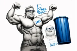 a very swedish strongman, big muscles and short light hair, pair of glasses, holding one big blue barrel above his head, a drawing with sketch lead pencil, The word BAXER floating