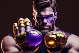 A sporty looking man with With a serious his face while holding Thanos' gantlet K's infinity gauntlet has six infinity stones