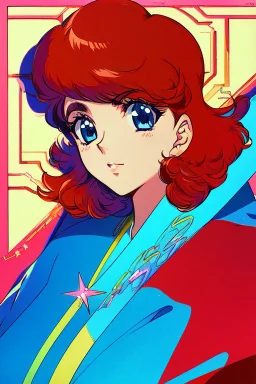 1girl, retro anime, 80's, redhead,Portrait of beautiful woman, sparkling dark blue eyes,