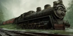 abandoned train of hogwarts on tracks overgrown by nature with large puddles of water flooding part of tracks, rain, dragon fly, fog, 8k resolution, high-quality, fine-detail, intricate, digital art, detailed matte, volumetric lighting, illustration, 3D octane render, brian froud, howard lyon, selina french, anna dittmann, annie stokes, lisa parker, greg rutowski